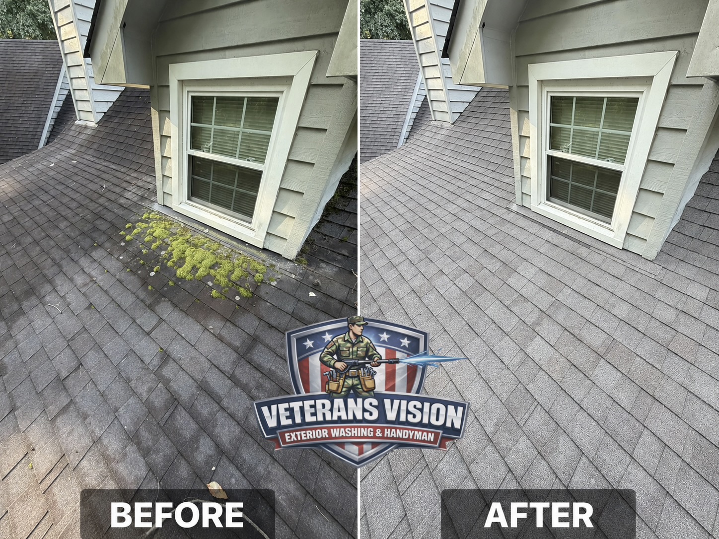 Customer-supplied project comparison showing moss around a Chattanooga roof dormer before cleaning and the same area afterward