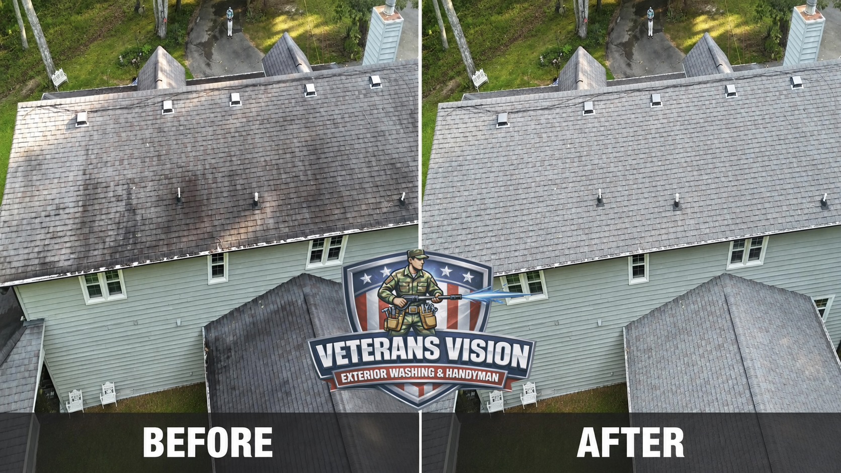 Before-and-after comparison of staining on the rear roof slopes of the Chattanooga home