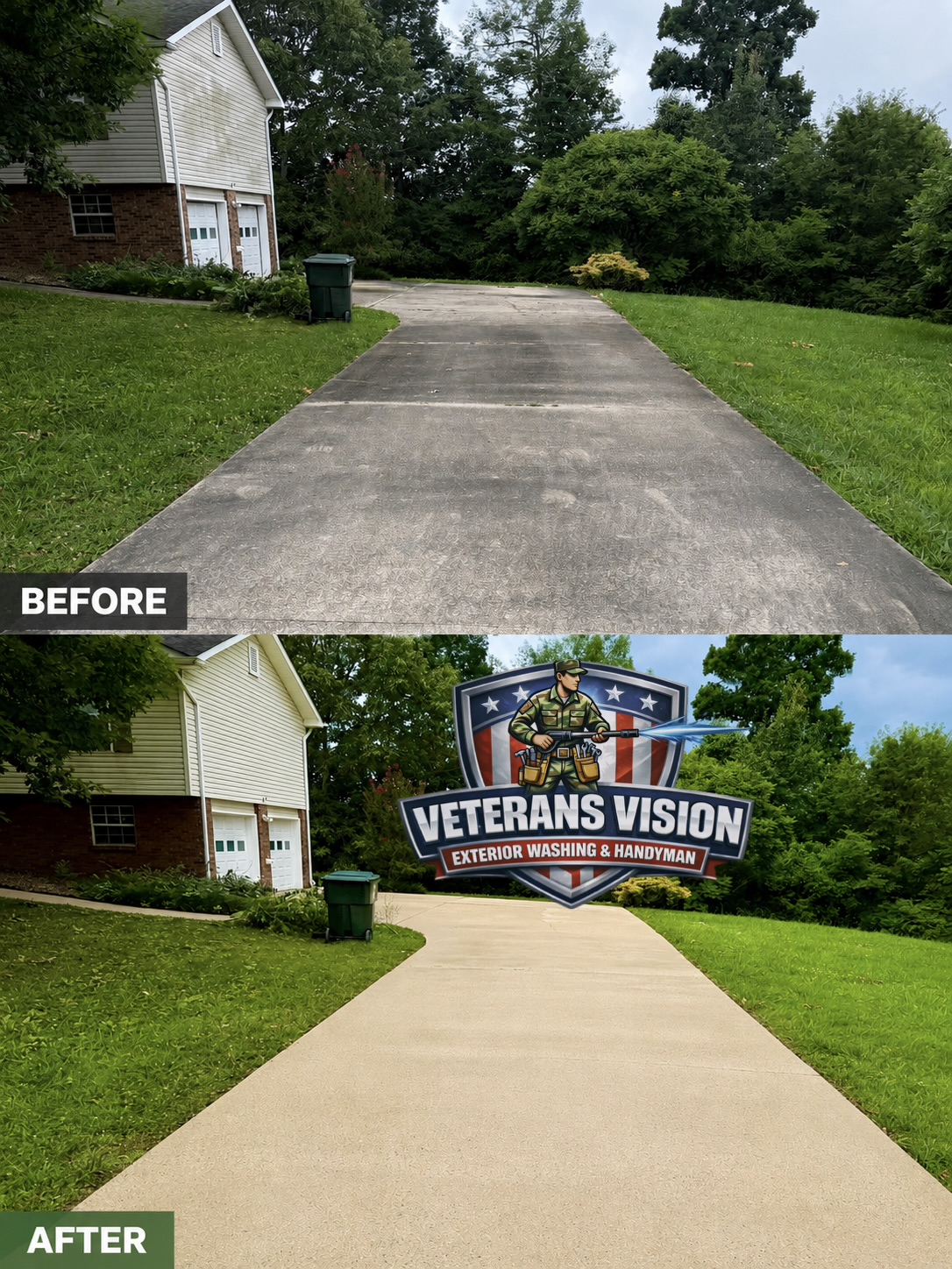 Before-and-after comparison of the long concrete driveway at the same Hixson house