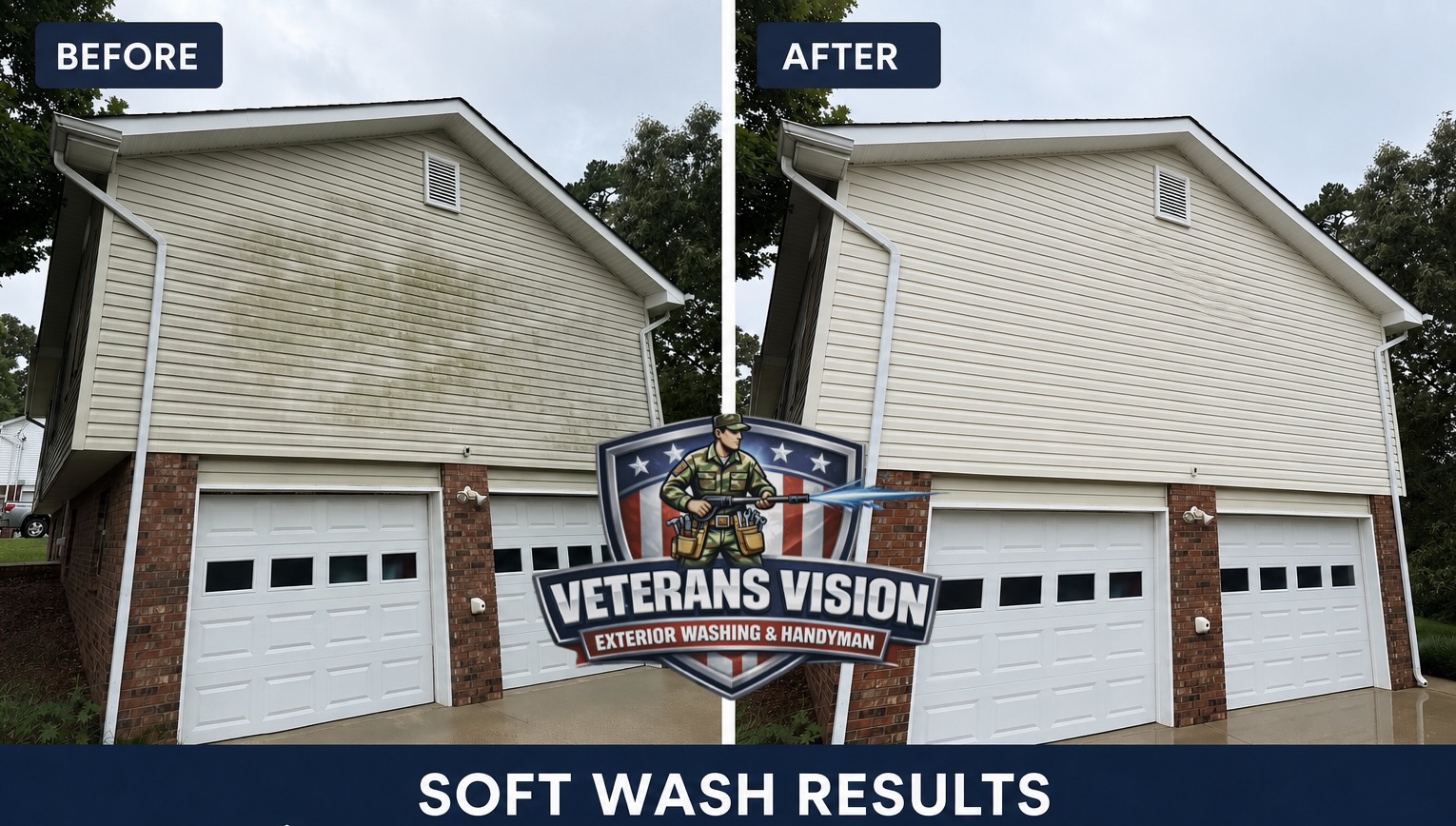 Veterans Vision before-and-after comparison showing green organic buildup on siding above a Hixson garage and the cleaned exterior