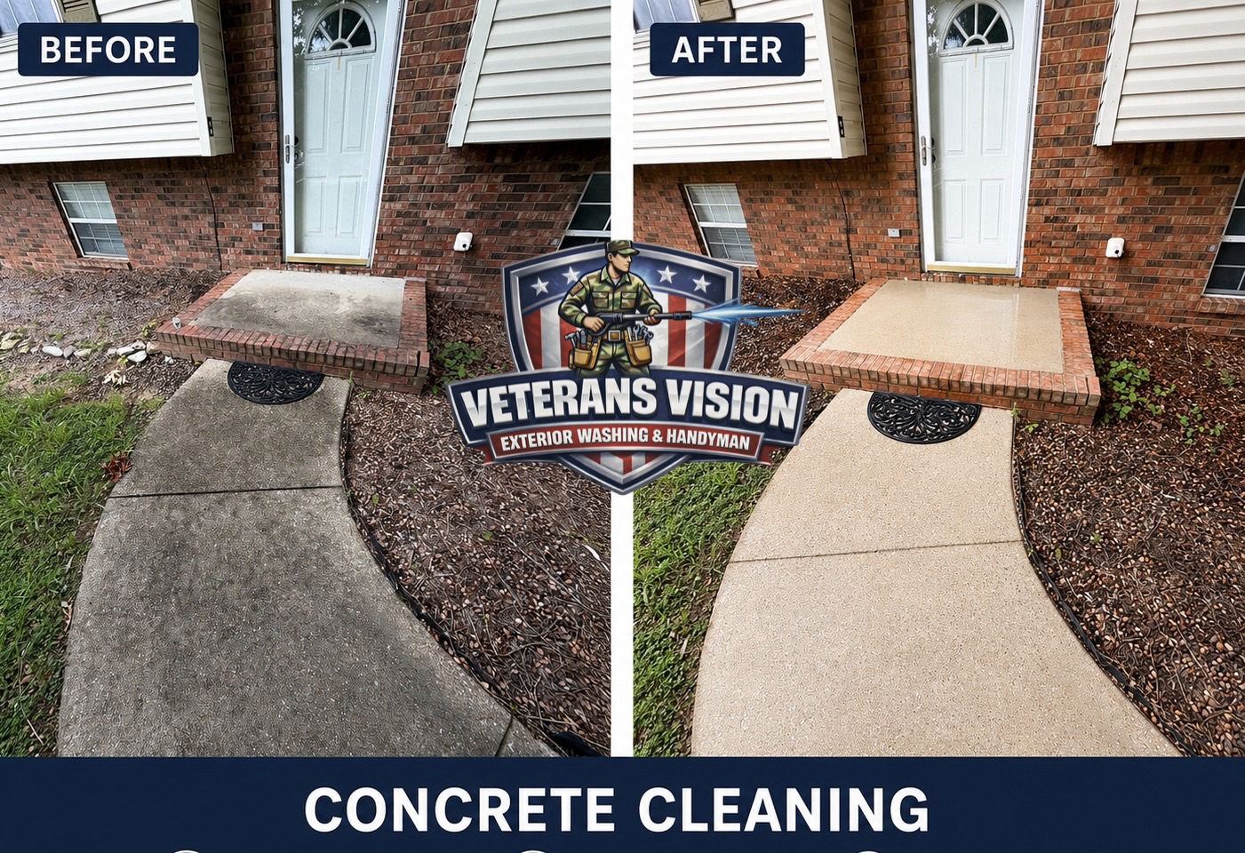 Before-and-after comparison of the concrete walkway and front entry at a Hixson home