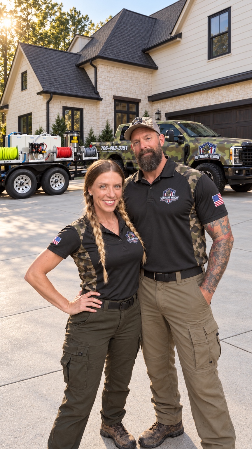 Veterans Vision owners Rick and Shanara in uniform with their branded truck and exterior-cleaning equipment